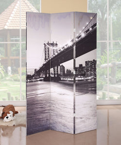 3-Panel Wooden Screen, Bridge Scenery, Black and White