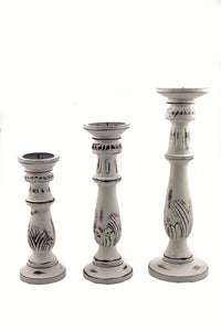 Traditional Wooden Candle Stand In Antiqued White - Set Of 3