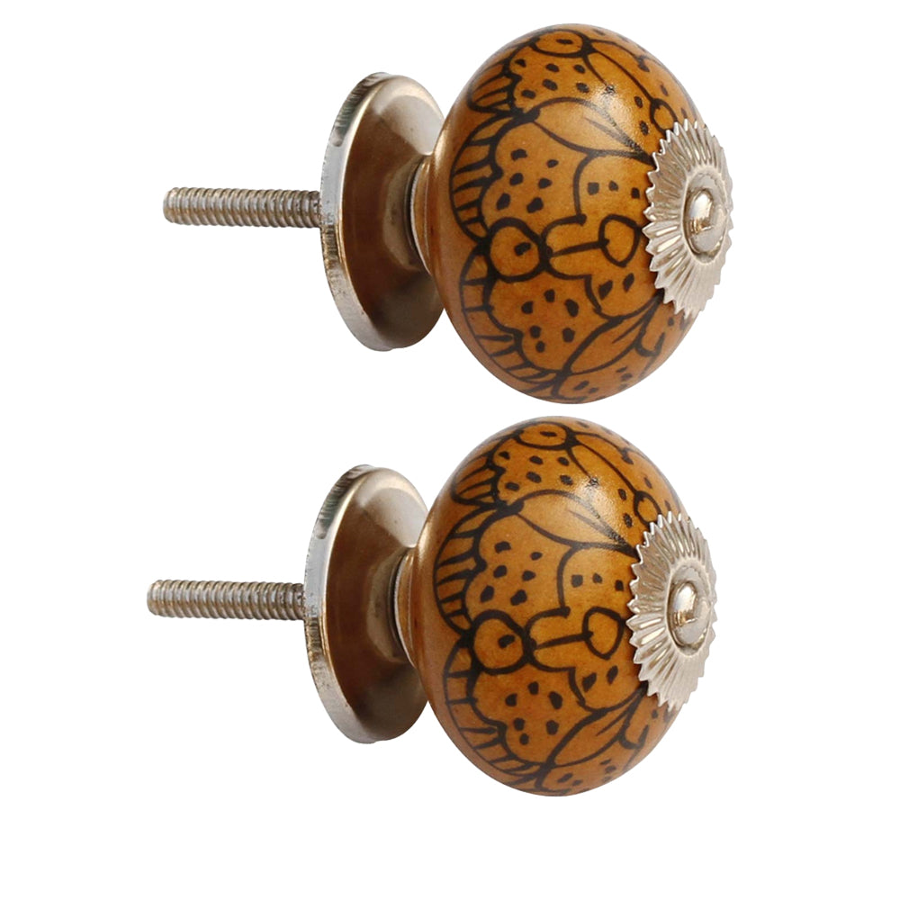 Brown Hand Painted Round Handmade Knobs Set of 2 In Ceramic