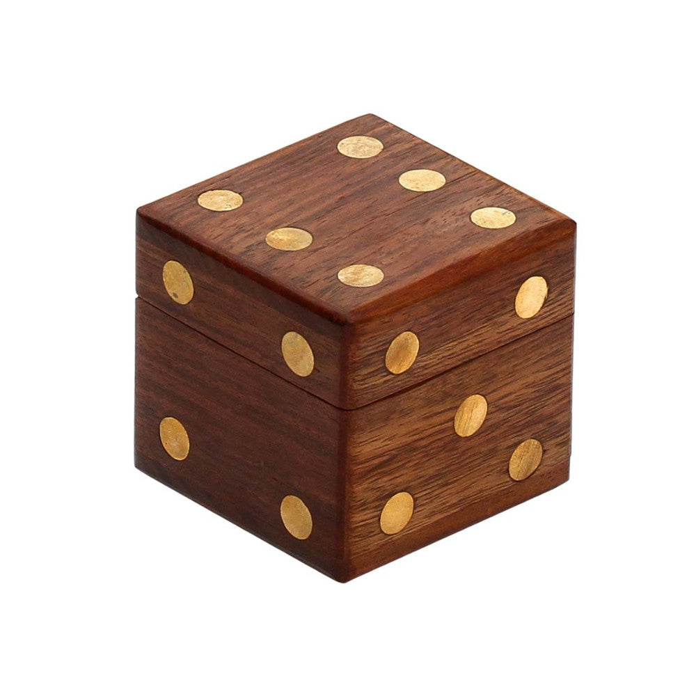 Square Dice Storage Box With Brass Inlay & 5 Dices In Mango Wood