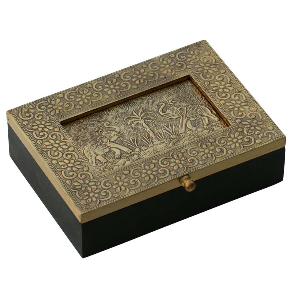 Handmade Jewelry Box In Wood With Brass Sheet Embossed On Lid