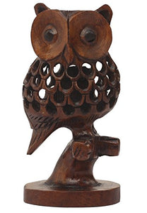 Handmade Cutout Patterned Owl Statue In Wood Featuring Enchanting Work