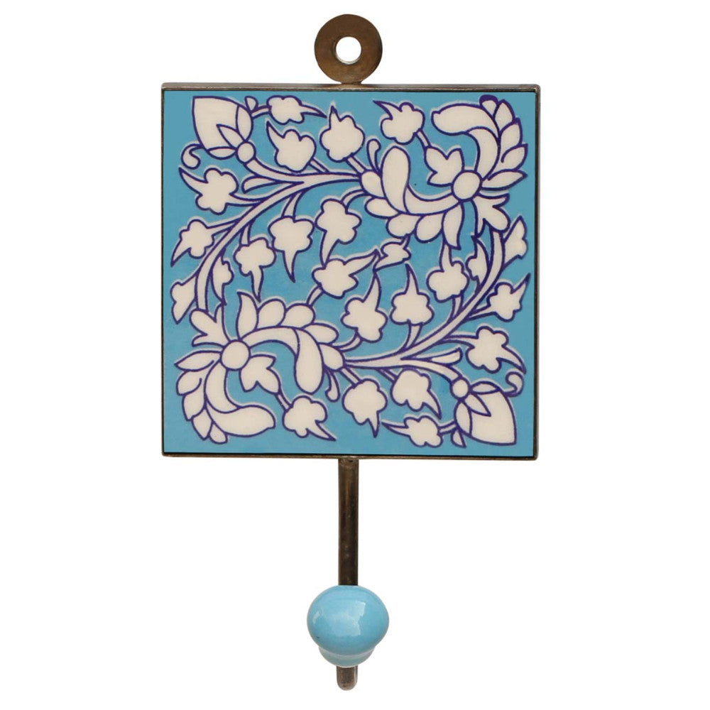 Handmade Mountable Ceramic Wall Hook With Floral Pattern In Blue Base