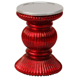 Handmade Contemporary Red Pillar Candle Holder In Ribbed Glass