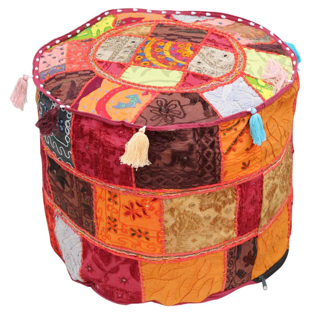 Puffy Ottomans Cover In Patchwork With Colorful Tassels & Maroon Base