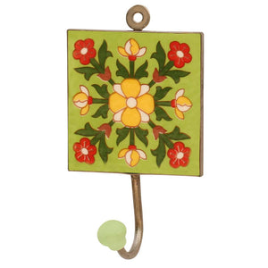 Handmade Ceramic Wall Hook With Bright Flowers Design on Green Base