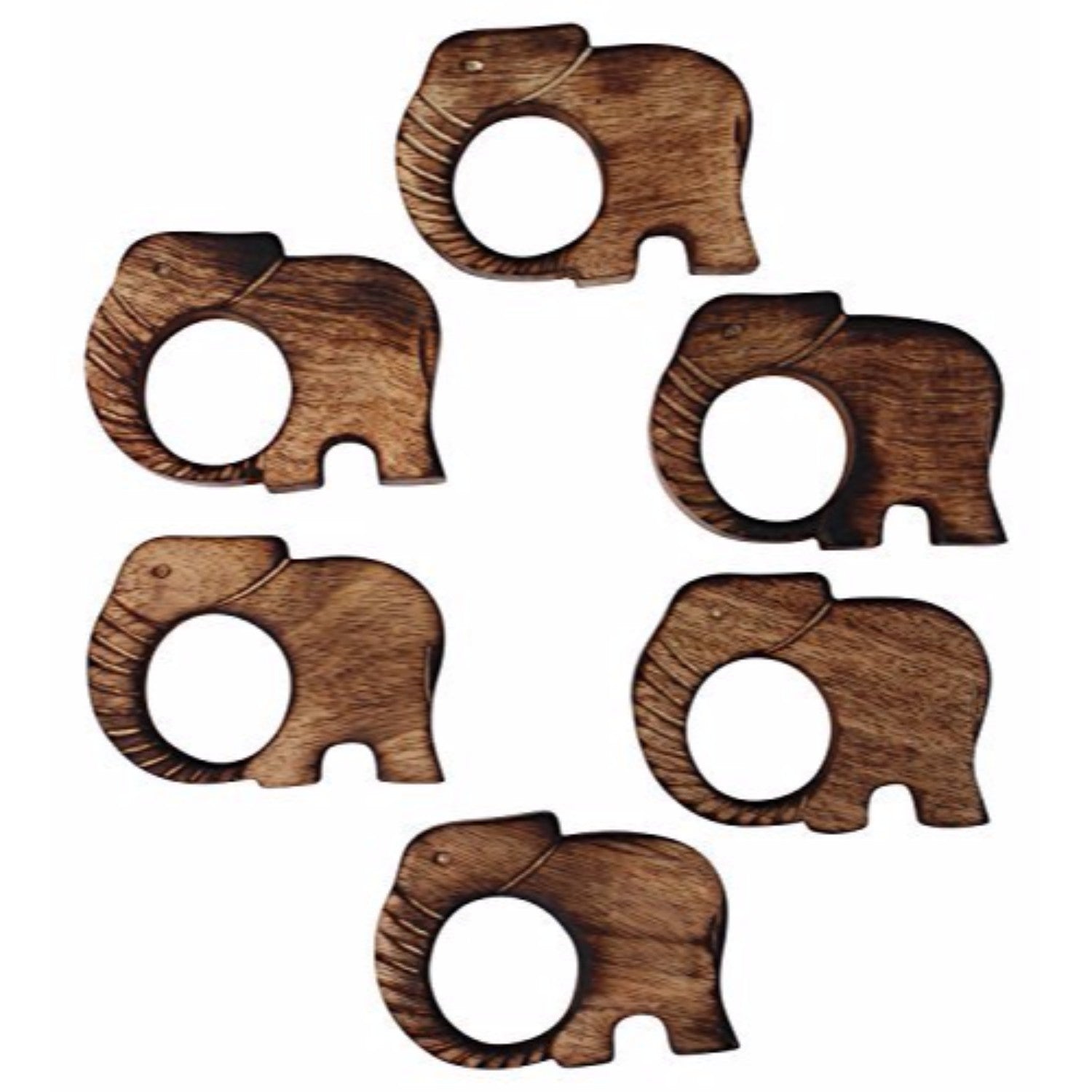 Handmade Elephant Shaped Napkin Rings In Wood Set Of 6