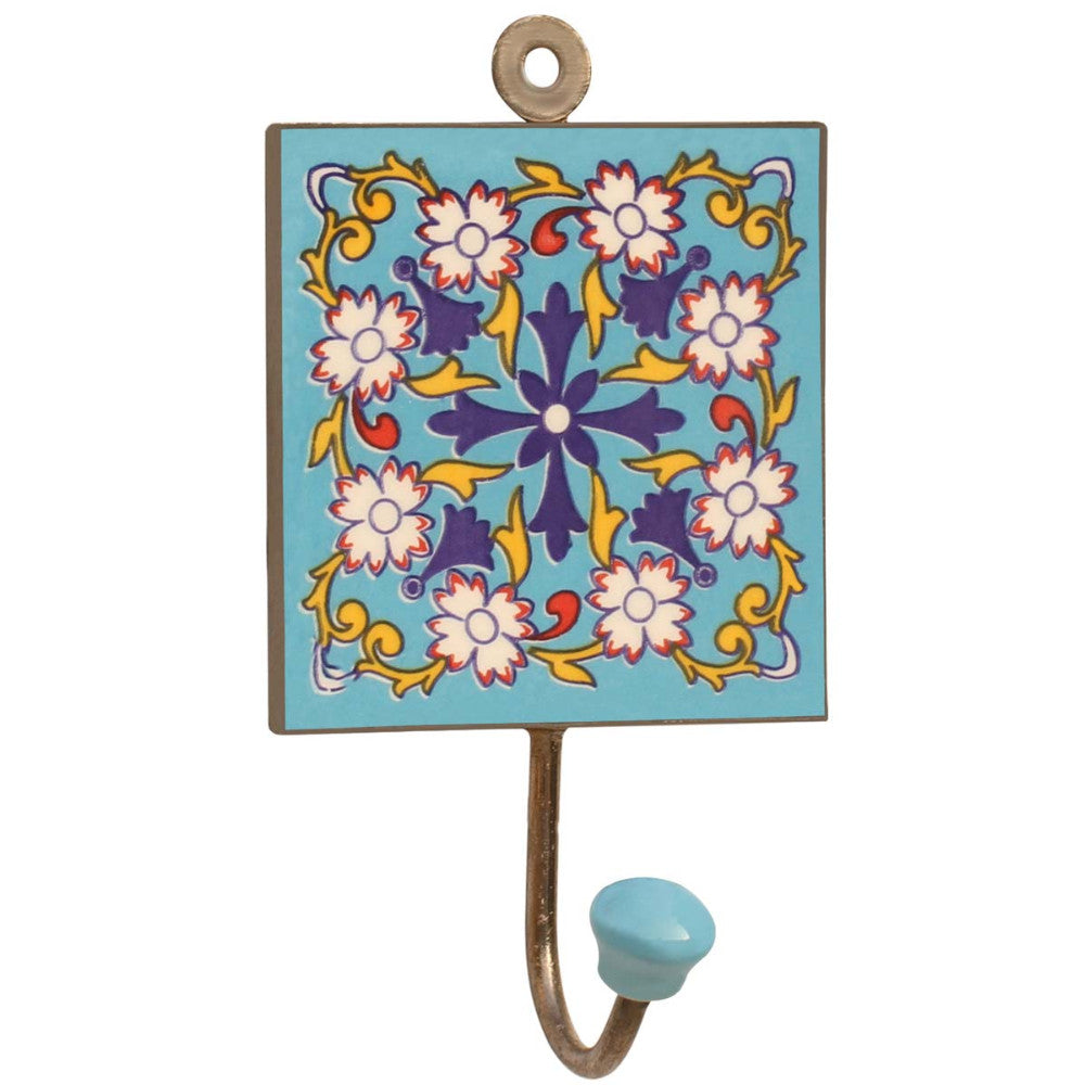 Ceramic Wall Hook Hand Painted Floral Motifs On Blue Base