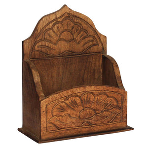 Handmade Traditional Style Mango Wood Letter Holder With Floral Carving