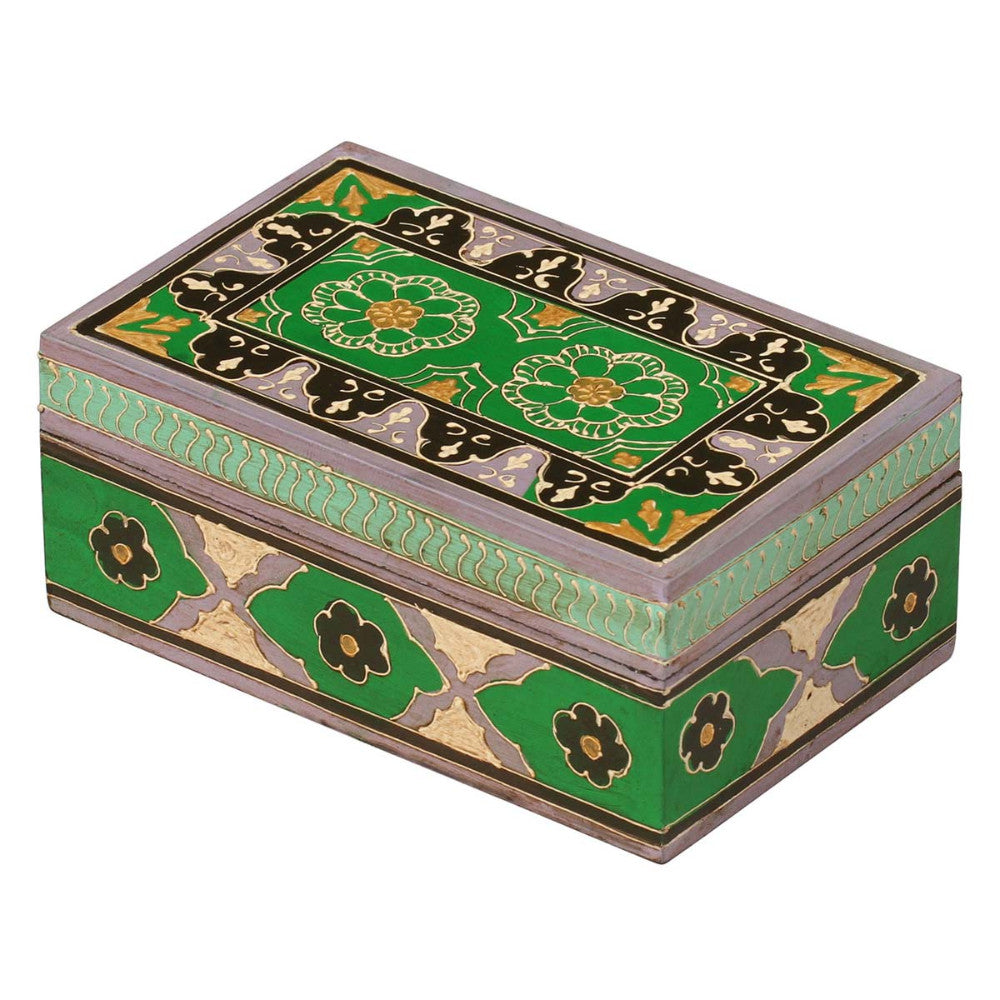 Handmade Rectangular Vintage Look Green & Black Jewelry Box In Wood