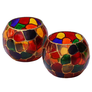 Mosaic Patterned Glass Tea-Light Holders Set of 2