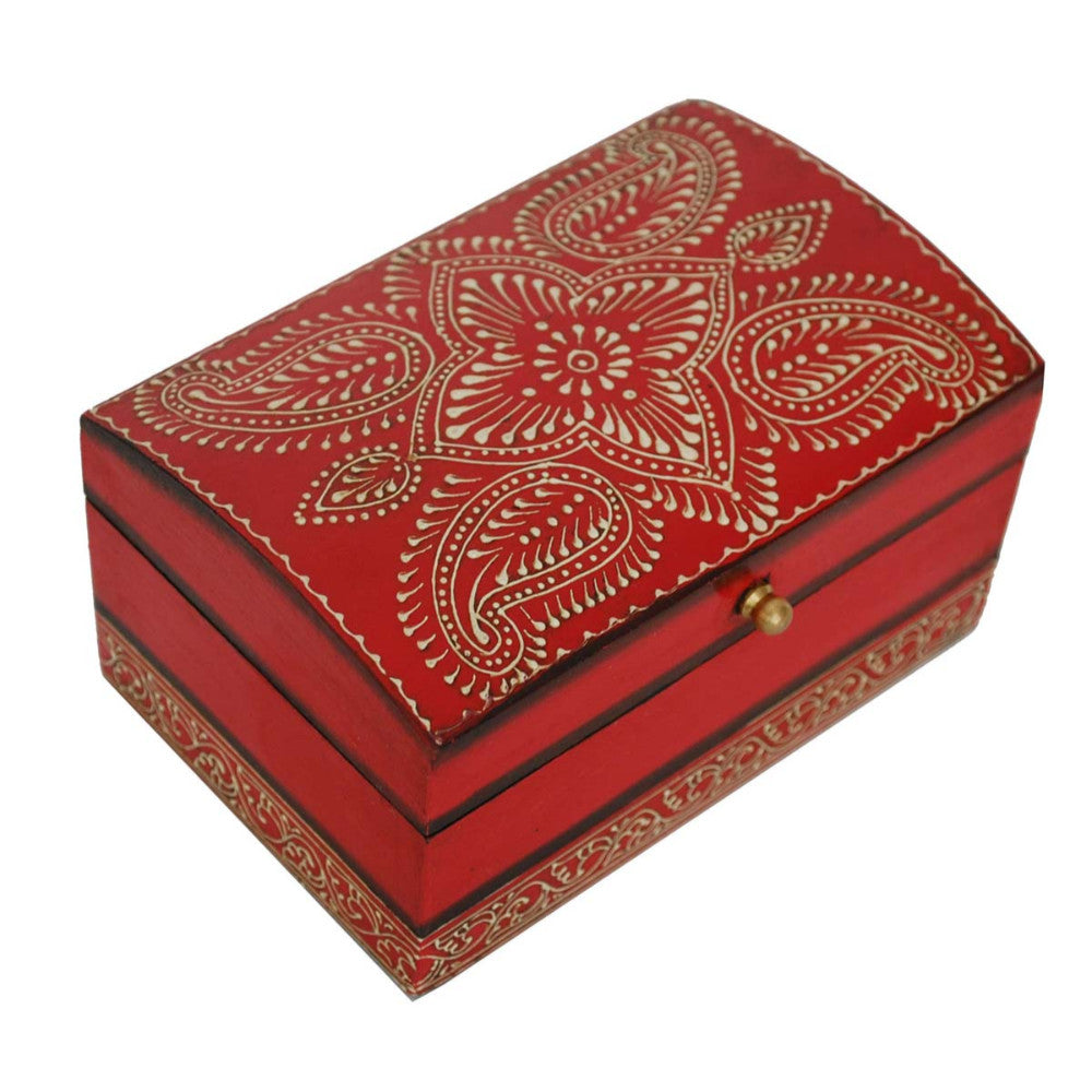 Handmade Vintage Look Rectangular Red Jewelry Box In Wood