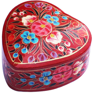 Handmade Red Heart Shaped Jewelry Box In Paper Mache Art Floral Motifs