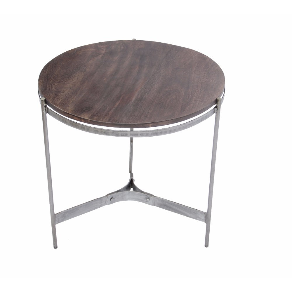 Round Metal End Table With Three Legs, Brownn And Silver