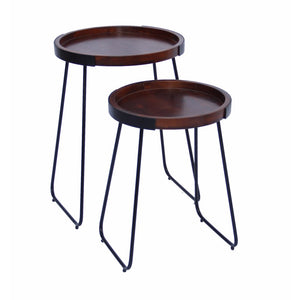 Stylish Set Of 2 Round End Table, Brown And Black