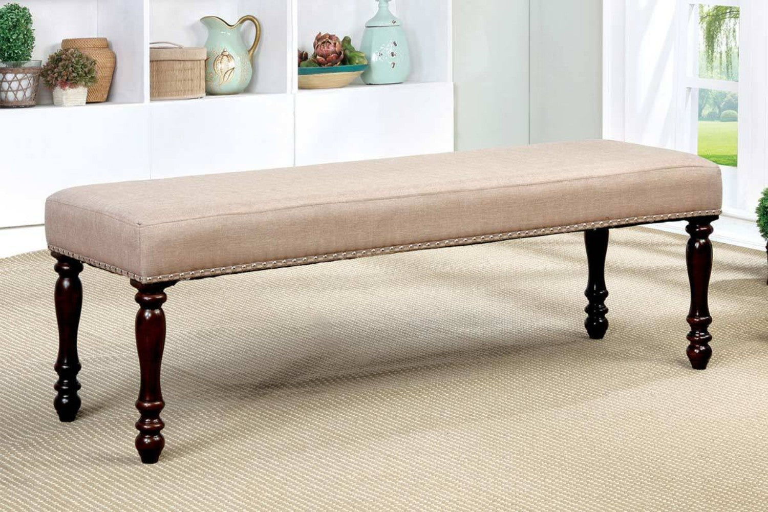 Wooden Bench With Padded Fabric Seat, Cherry Brown