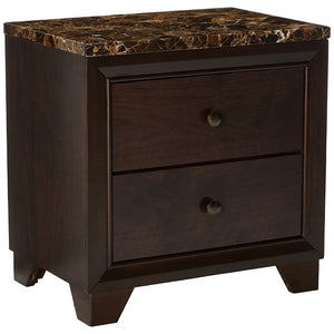 2 Drawer Wooden Nightstand with Faux Marble Top, Cappuccino Brown