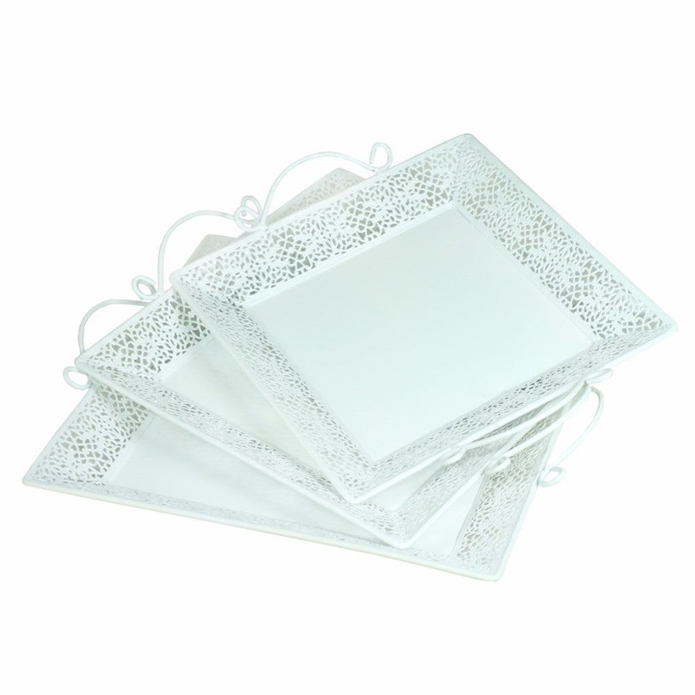 Artistically Enchanted Metal Tray, Set Of 3, White