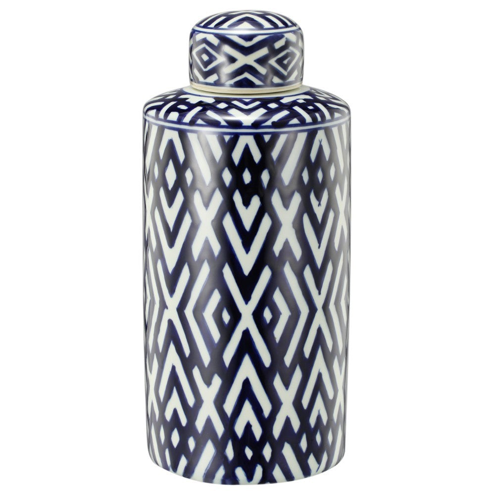 Ceramic Lidded Small Jar With Geometric Pattern, Blue And White