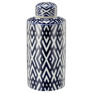 Ceramic Lidded Small Jar With Geometric Pattern, Blue And White