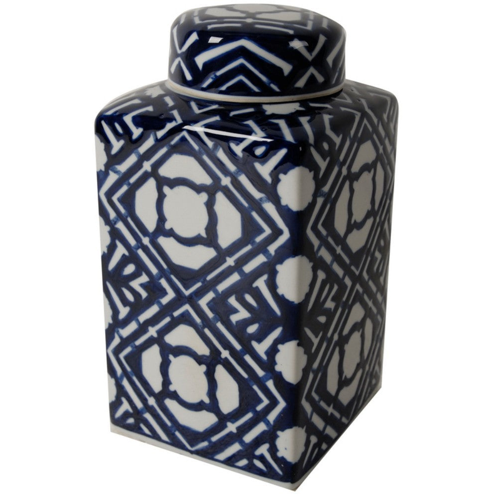 Square Shaped Ceramic Lidded Jar, Blue and White