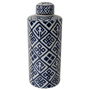 Cylindrical Shaped Ceramic Jar, Medium , Blue And White