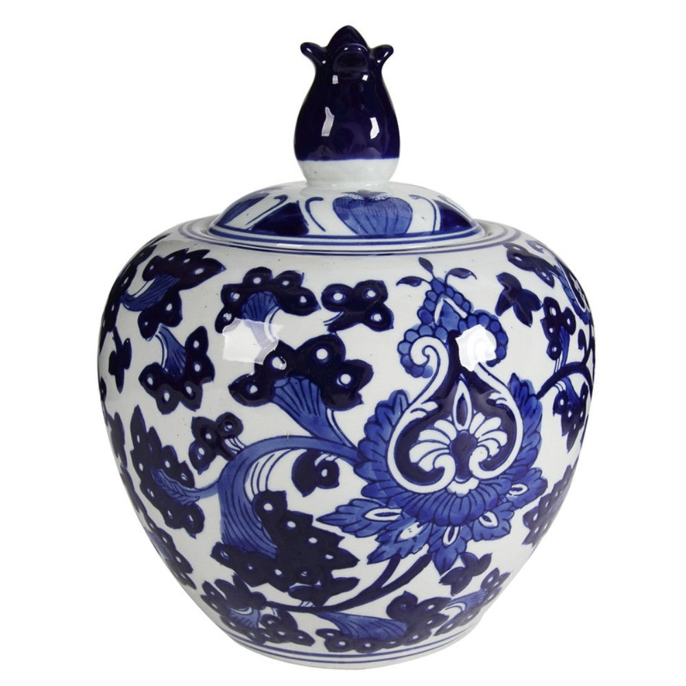 Floral Pattern Ceramic Jar, Blue And White