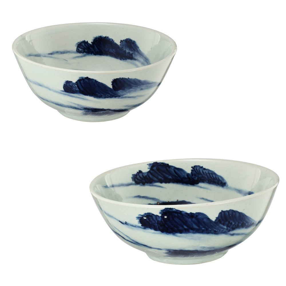 Centerpiece Ceramic Bowls, Blue And White, Set of 2