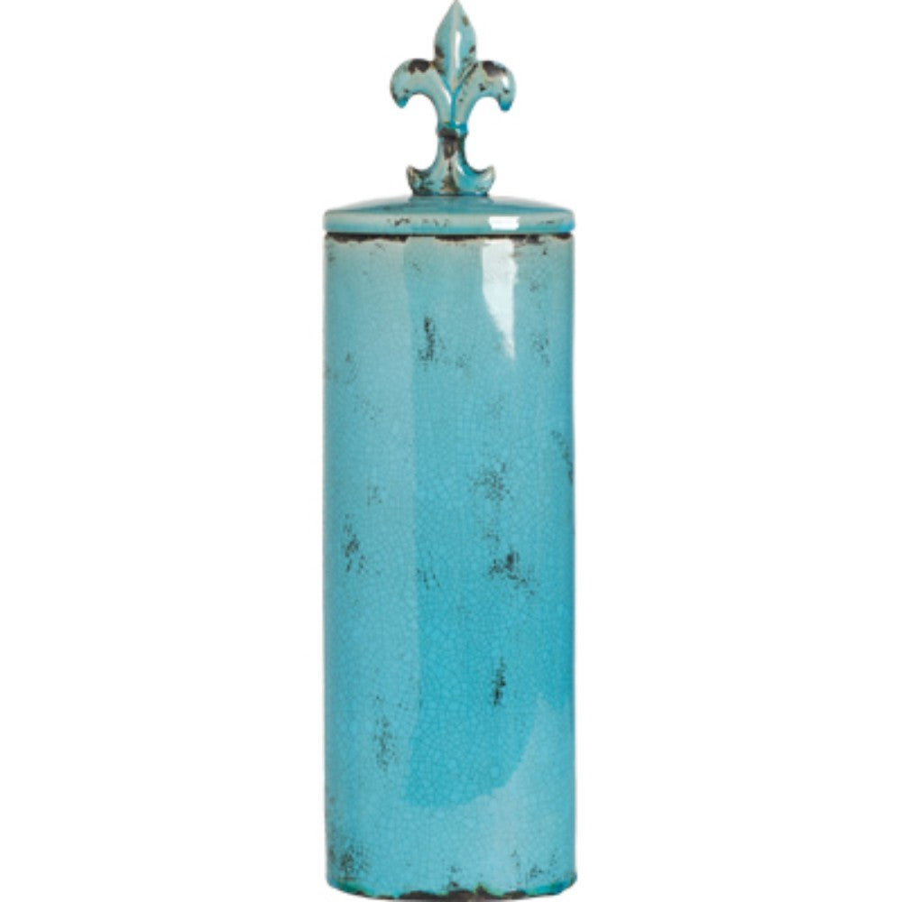 Tall Decorative Ceramic Jar with Fleur-de-lis Finial, Blue