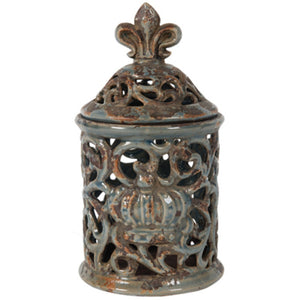 Short Decorative Ceramic Jar with Fleur-de-lis Finial, Blue