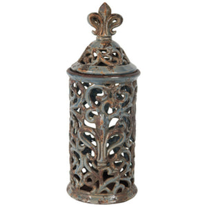 Tall Decorative Ceramic Jar with Fleur-de-lis Finial, Blue