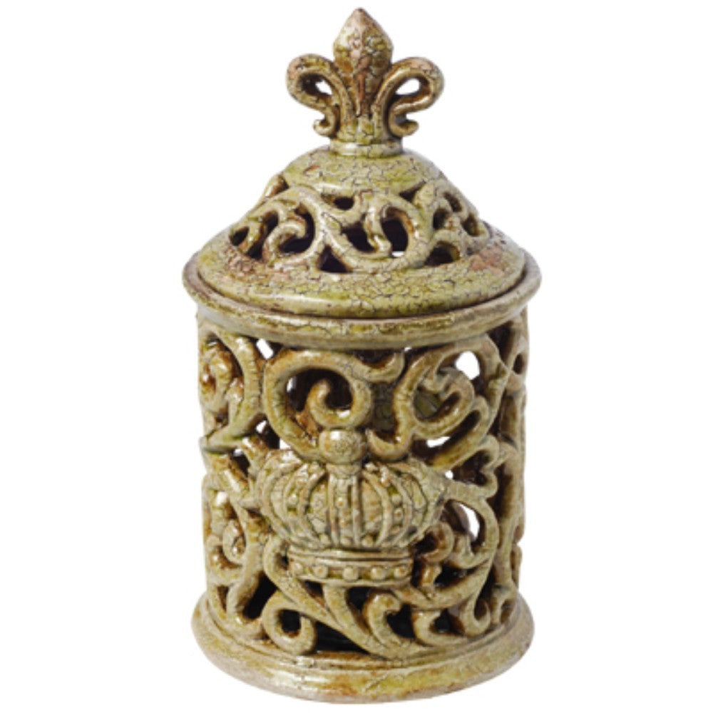 Short Decorative Ceramic Jar with Fleur-de-lis Finial, Green