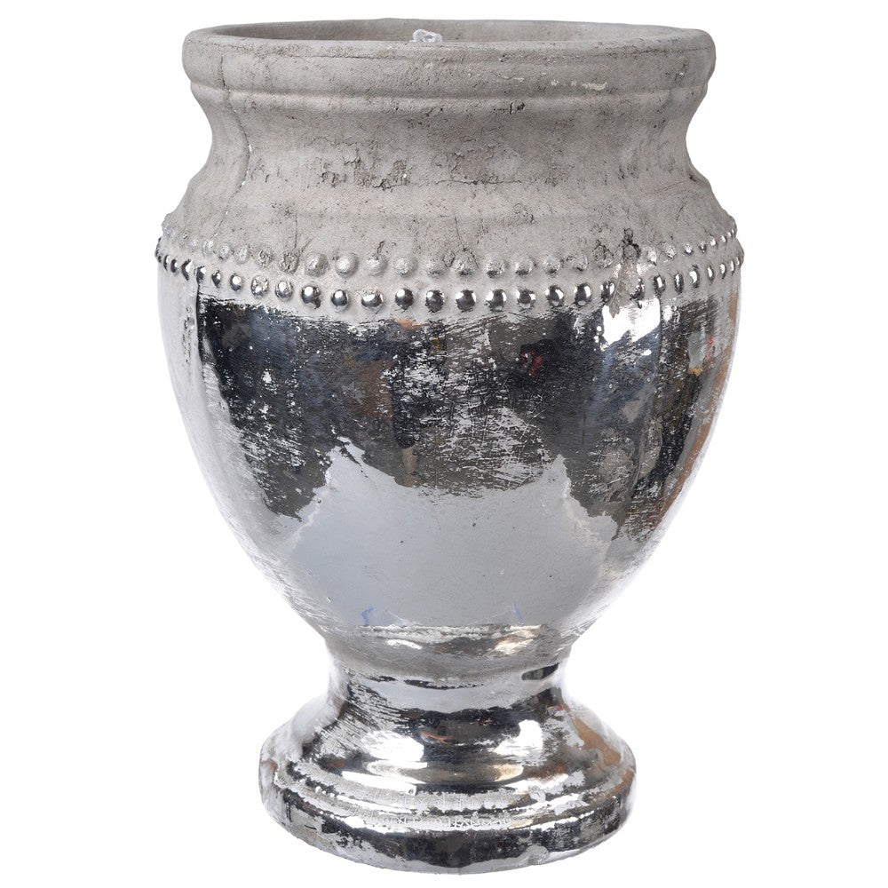 Ceramic Pedestal Shape Vase, Gray And Silver