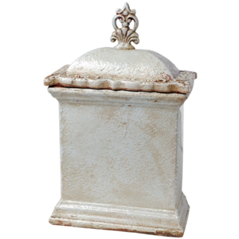 Short Rectangular Ceramic Lidded Jar, Brown and White