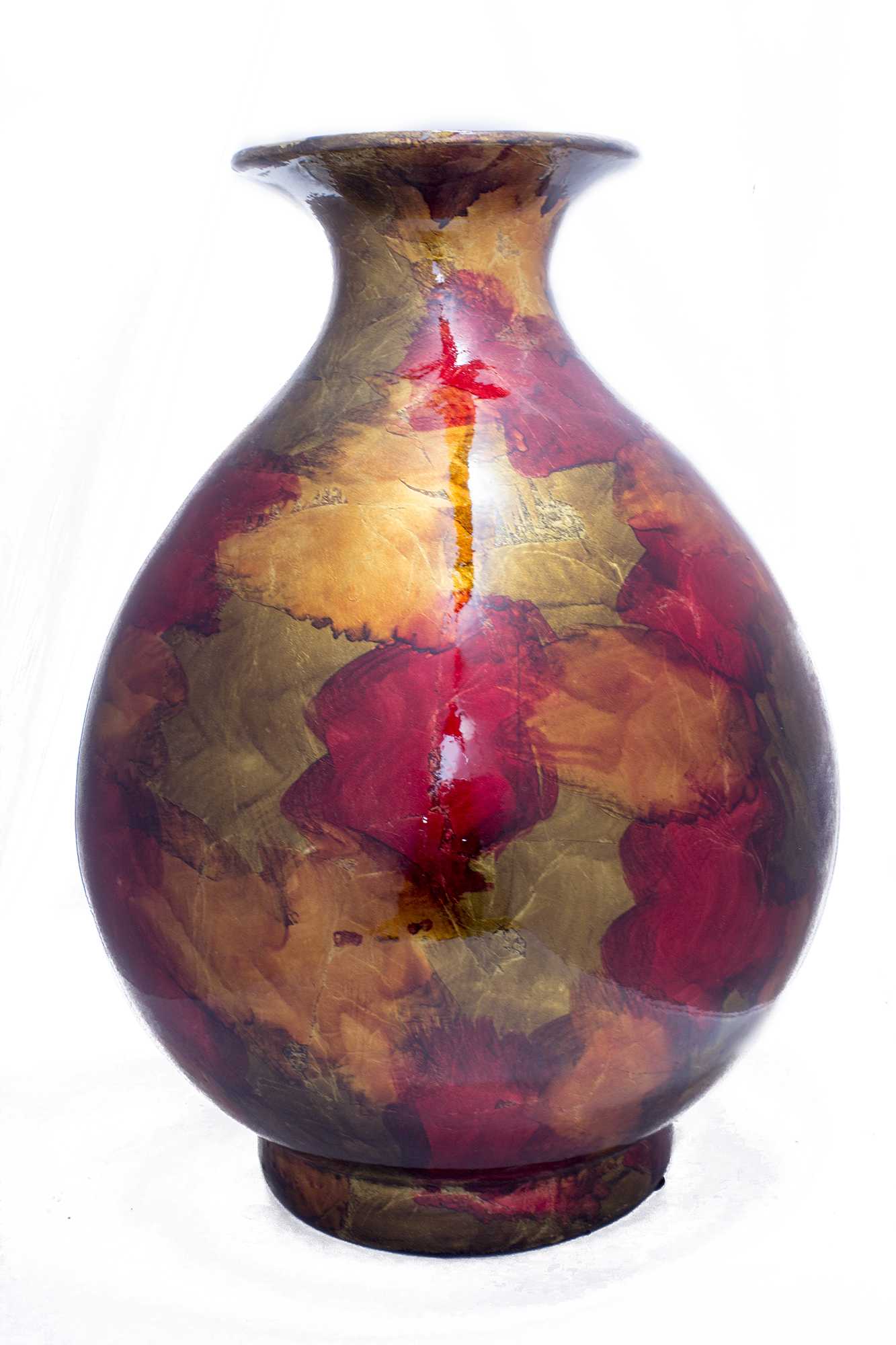 19" Foiled & Lacquered Ceramic Vase - Copper, Red And Gold