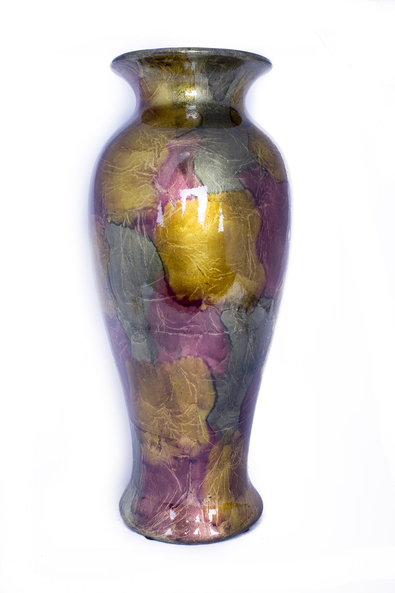 21" Foiled & Lacquered Ceramic Vase - Burgundy, Copper And Brown