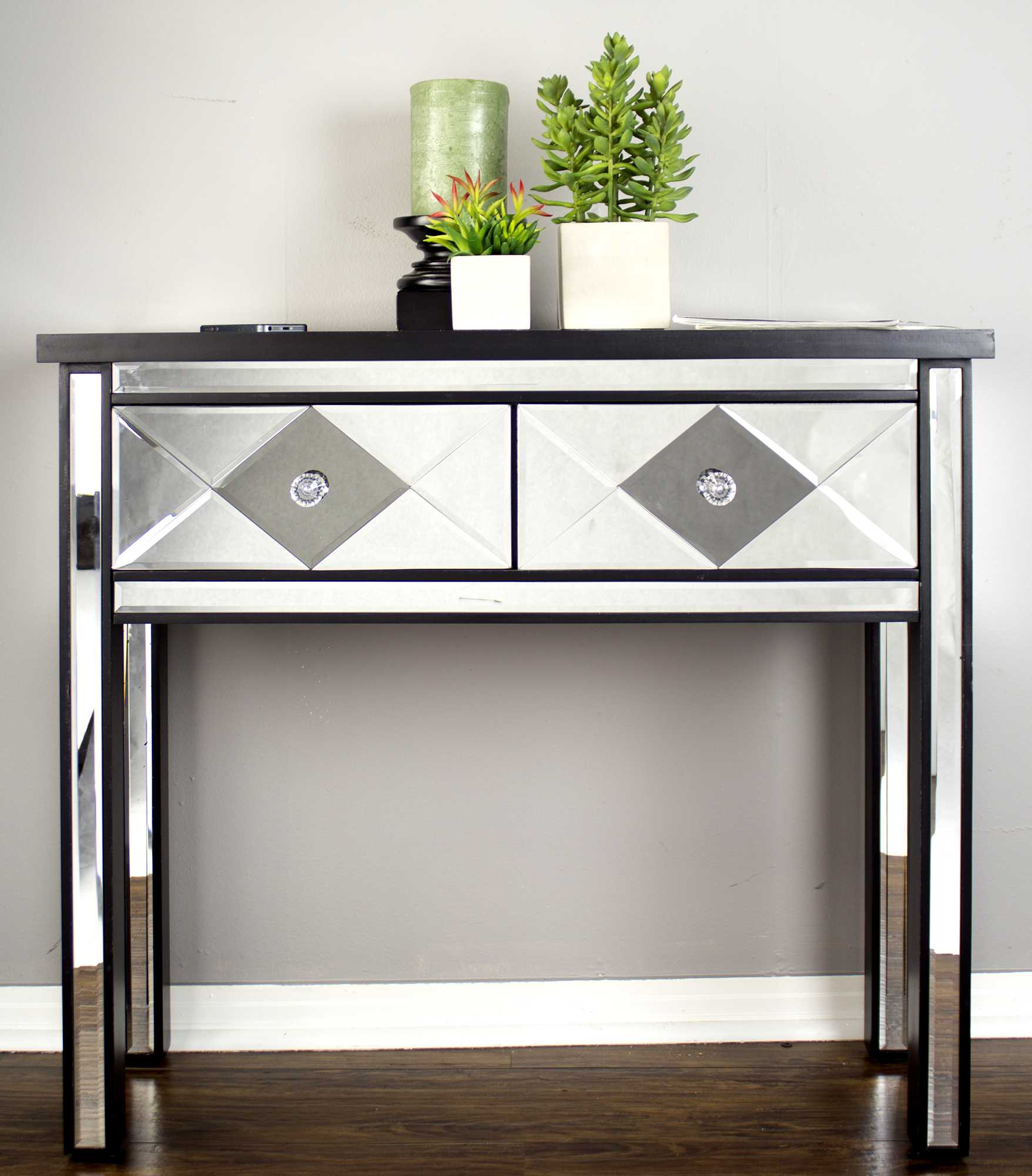 22" Black Mirrored Console Table with 2 Drawers