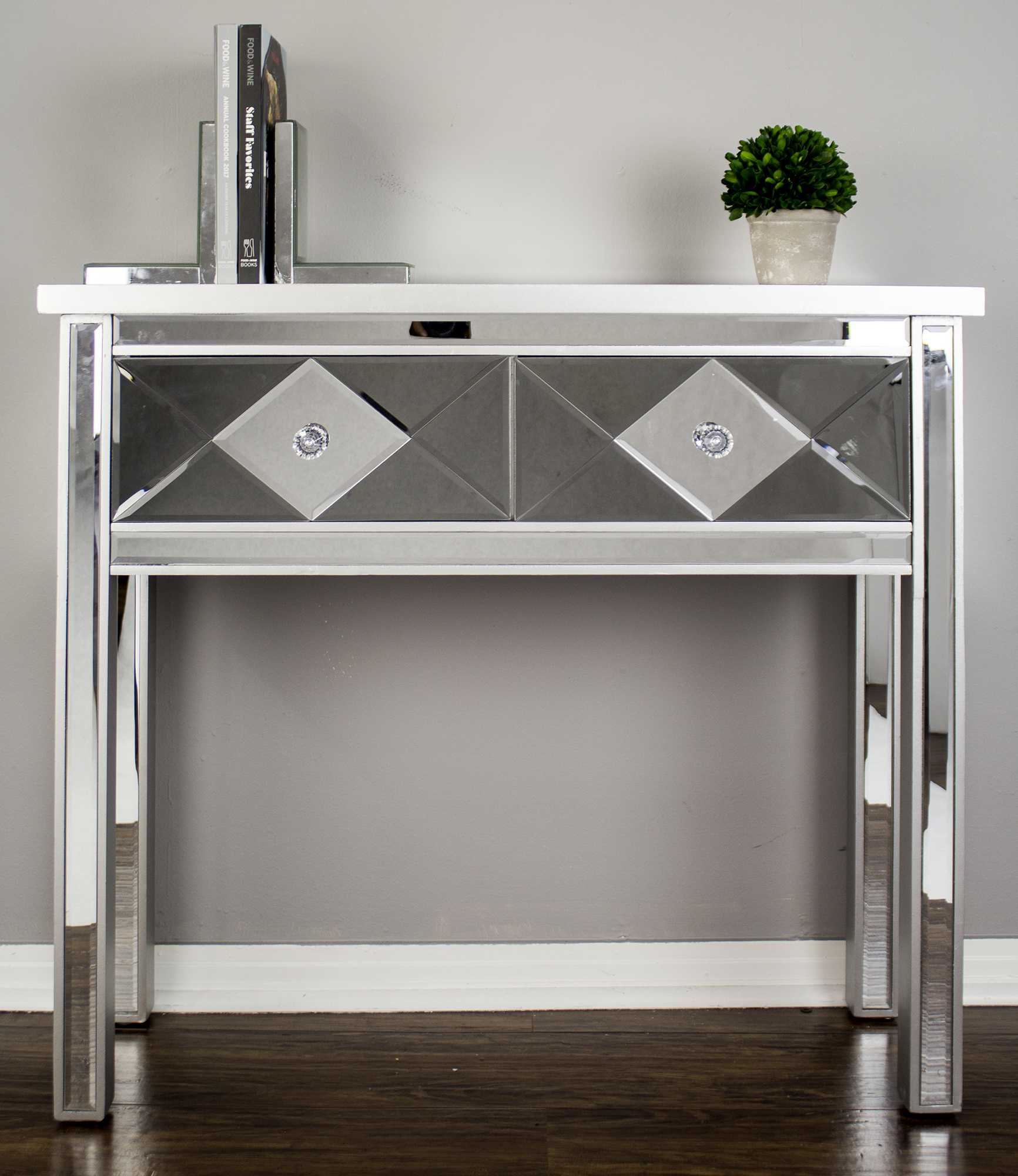 22" Silver Mirrored Console Table with 2 Drawers