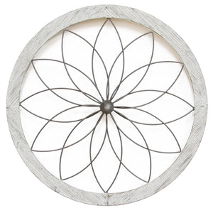 25.75" X 1" X 25.75" White Flower Metal And Wood Art Deco Wall Decor