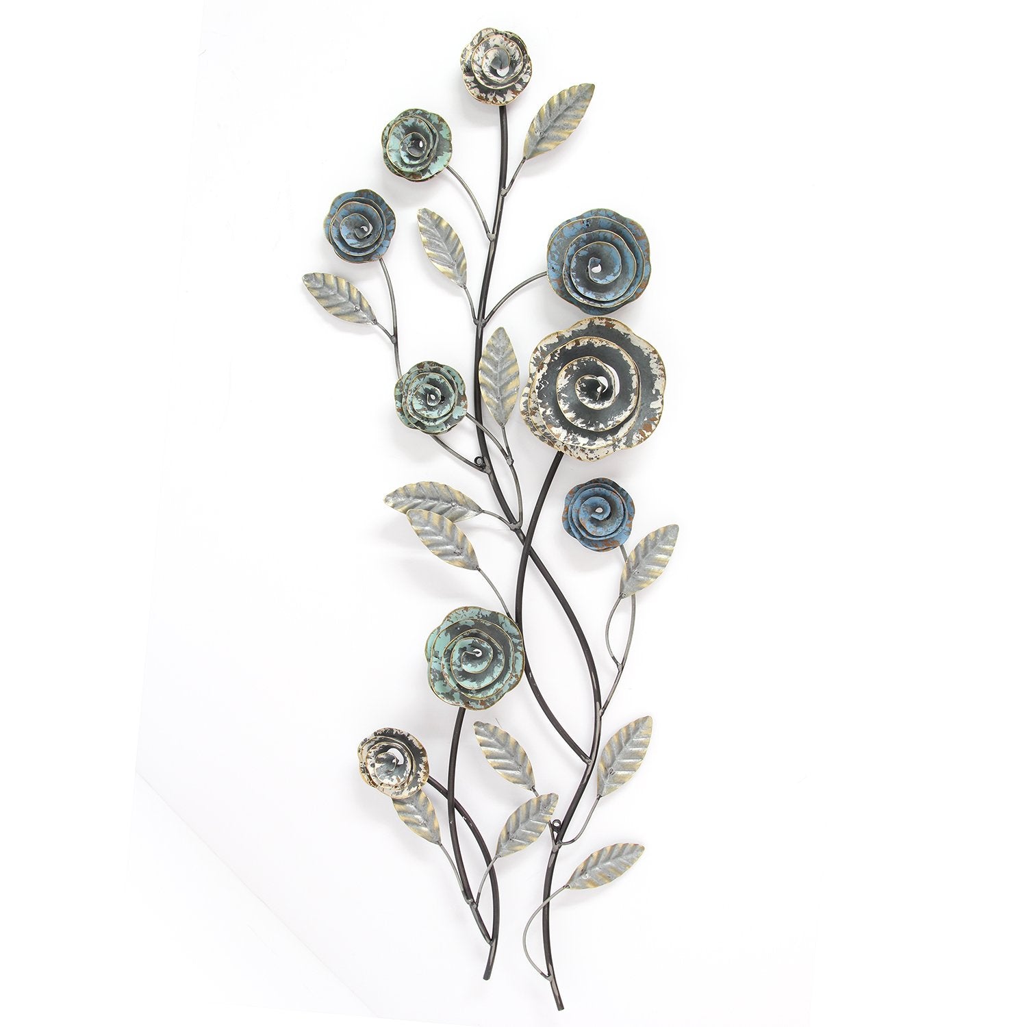 11.61" X 1.97" X 32.87" Distressed Blue Blossoming Buds Wall Decor