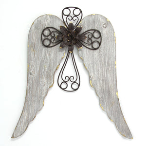 18" X 1.25" X 19" Distressed White Angel Wings With Cross Wall Decor