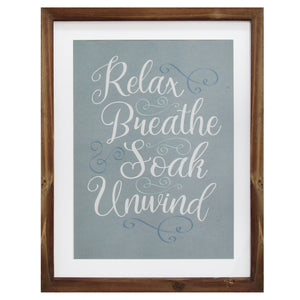 11" X 1" X 14" Natural Wood Relax, Breathe, Soak, Unwind Framed Bath Art