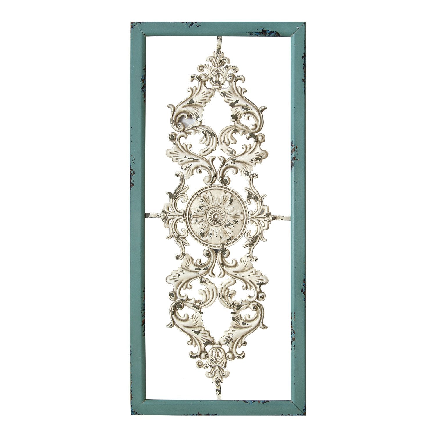 36" X 0.75" X 16" Teal on White Scroll Panel Wall Decor