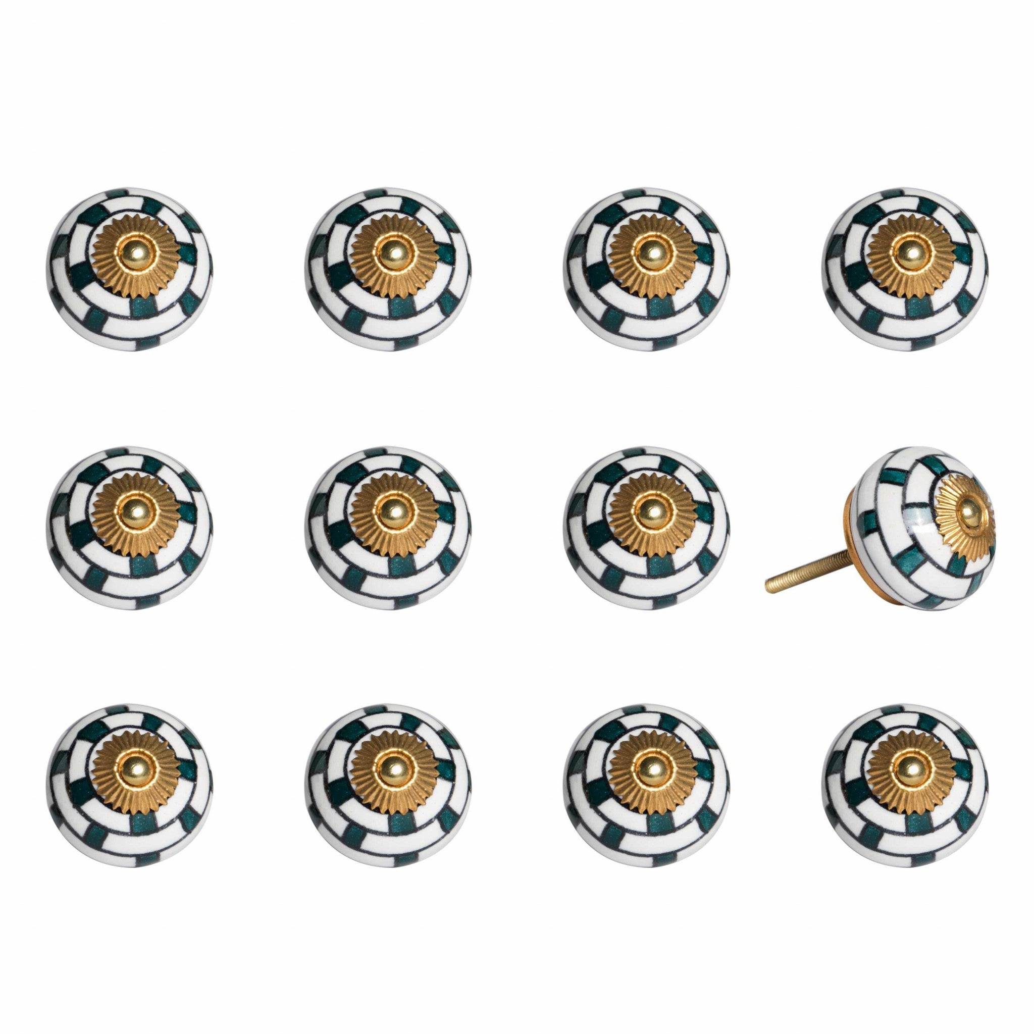 1.5" x 1.5" x 1.5" White, Teal and Gold - Knobs 12-Pack