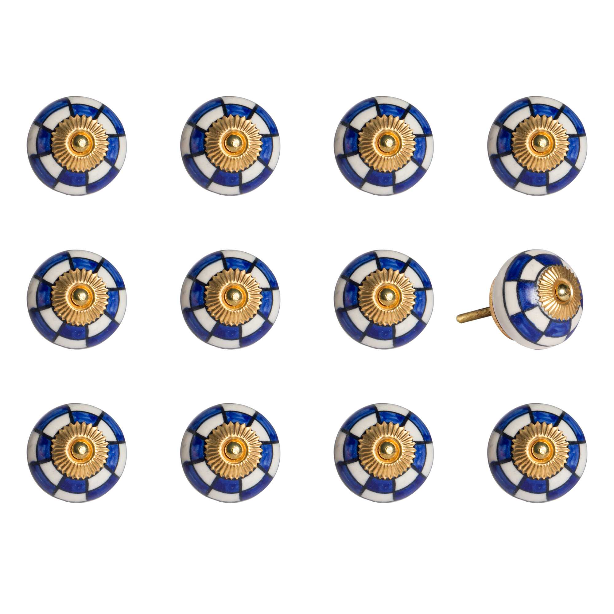 1.5" x 1.5" x 1.5" White, Blue and Gold - Knobs 12-Pack