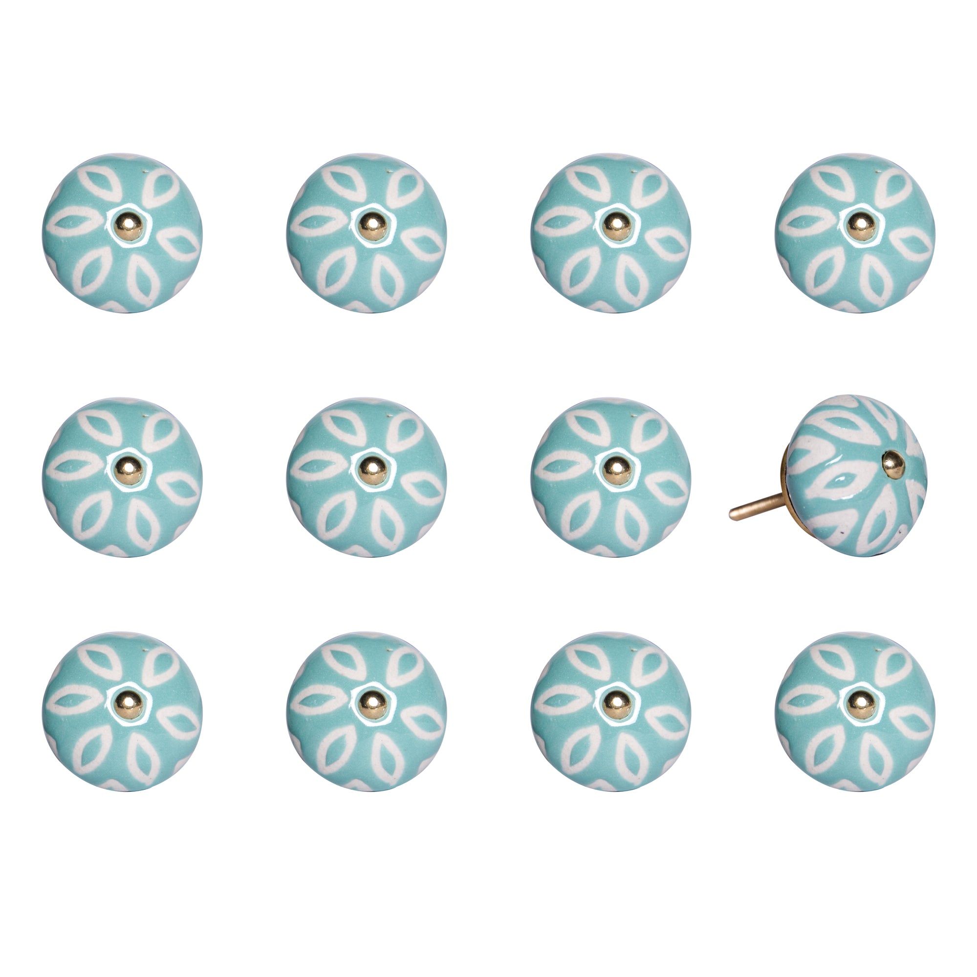 1.5" x 1.5" x 1.5" Turquoise, White and Gold - Knobs 12-Pack