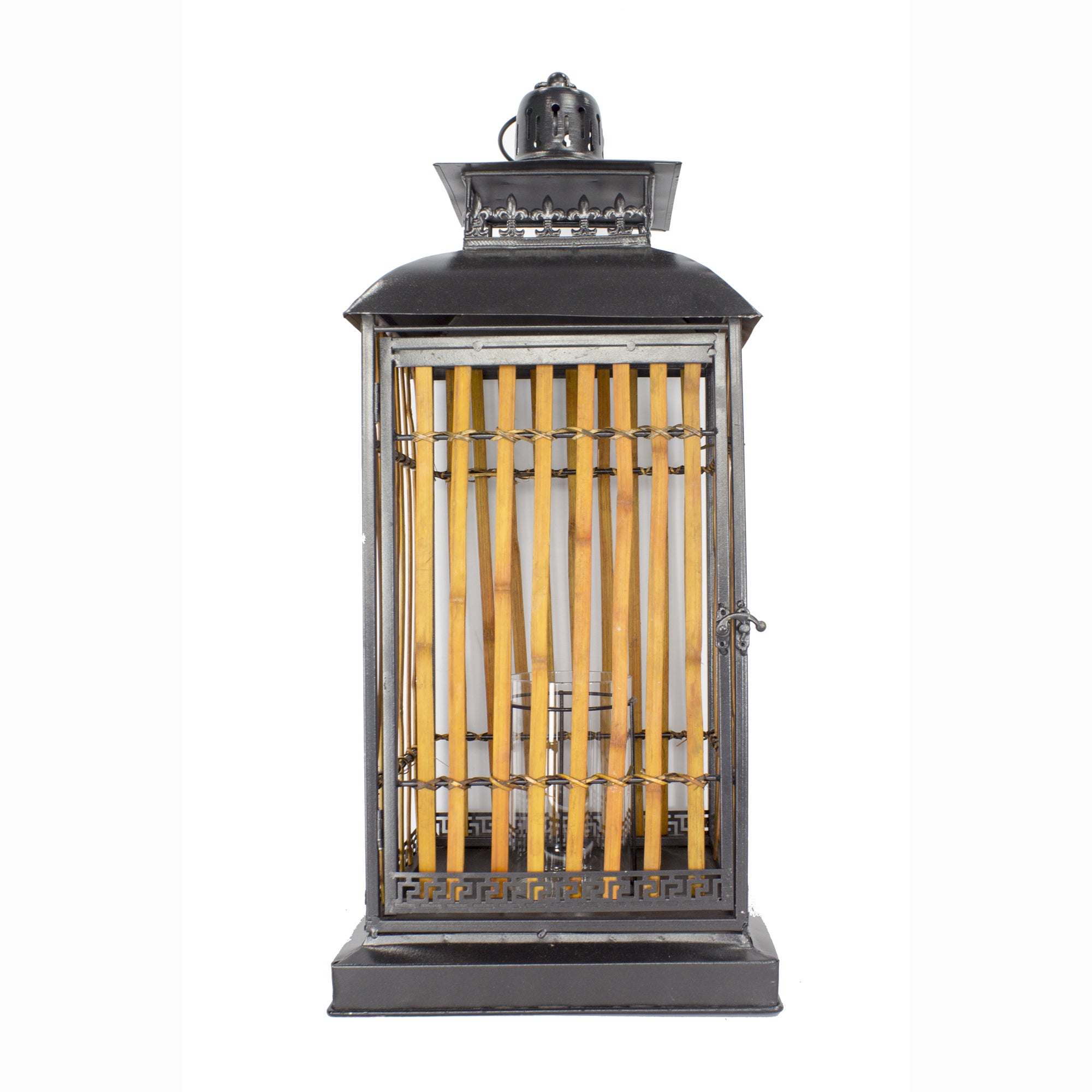 28" Grey with Distressed Wood Metal, Bamboo, and Glass Lantern