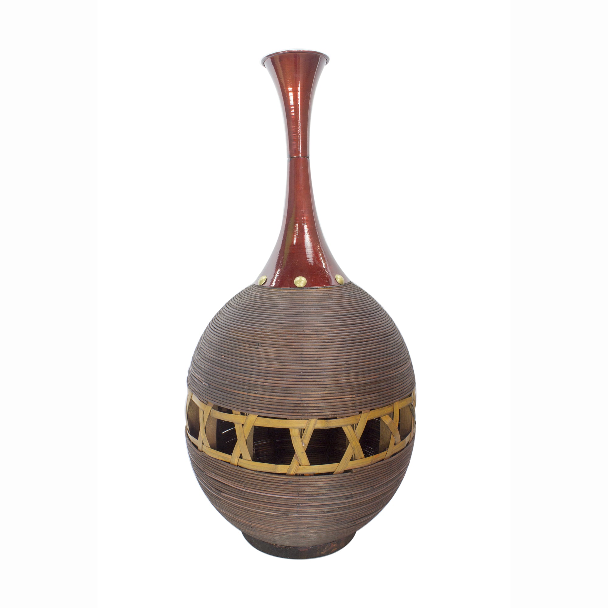 29.5" Champagne Metal and Bamboo Vase with a Decorative Band