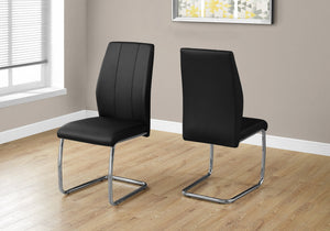 Two 77.5" Black Leather Look, Chrome Metal, and Foam Dining Chairs