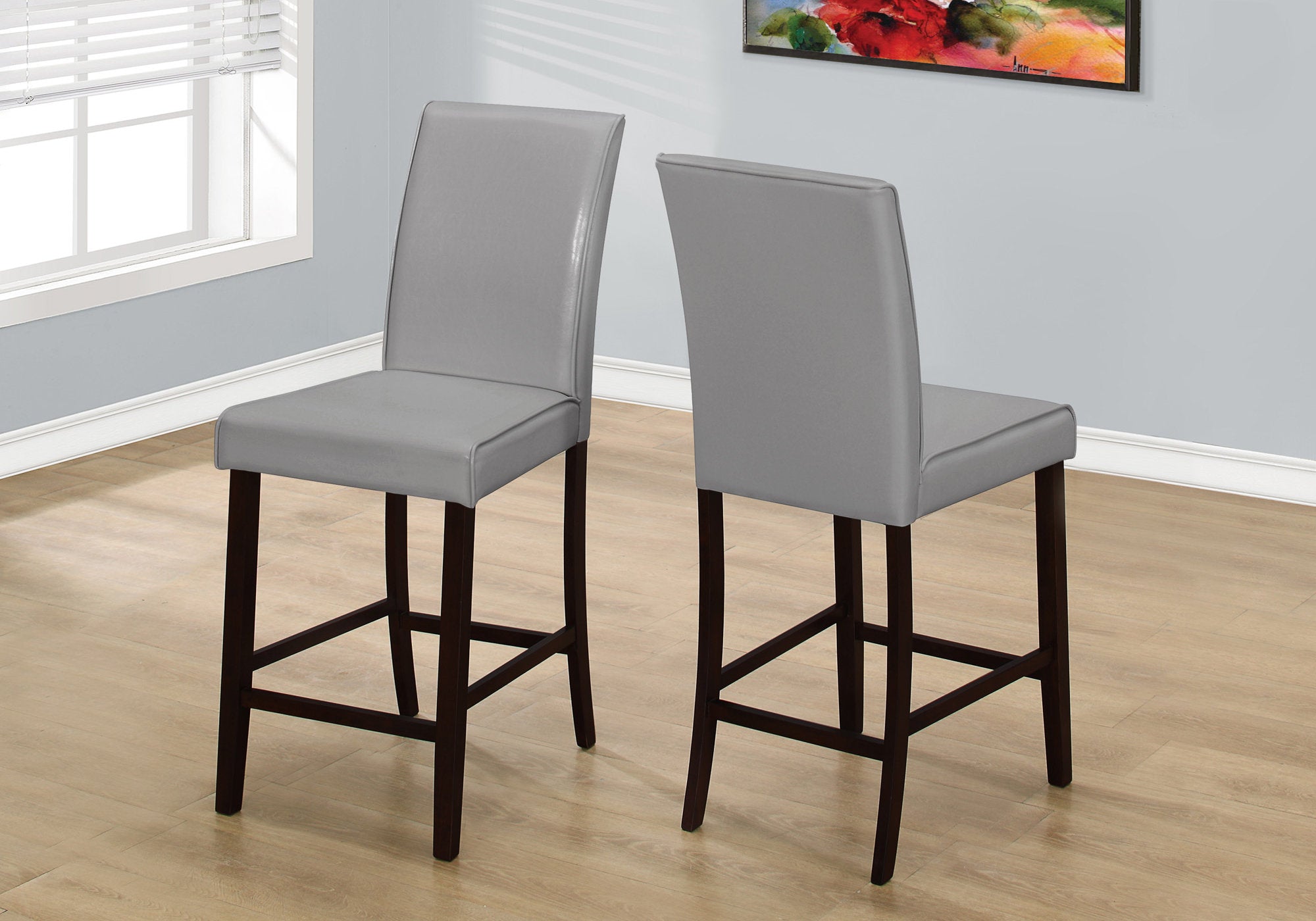 Two 40" Grey Leather Look, Solid Wood, and MDF Counter Height Dining Chairs